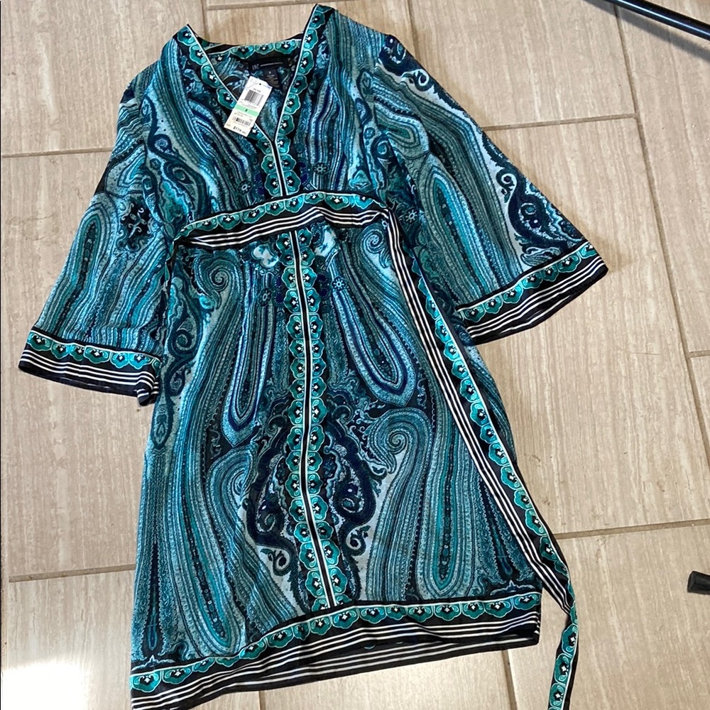 INC International Concepts Teal and Black Long Sleeve Dress
